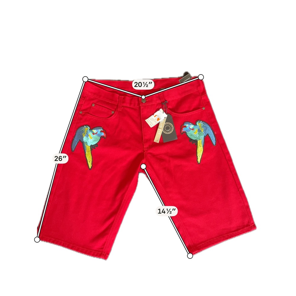 The High Parrot Embroidered Shorts Mens 40 Red New Slim Fit Bird Patch Denim - Picture 2 of 9